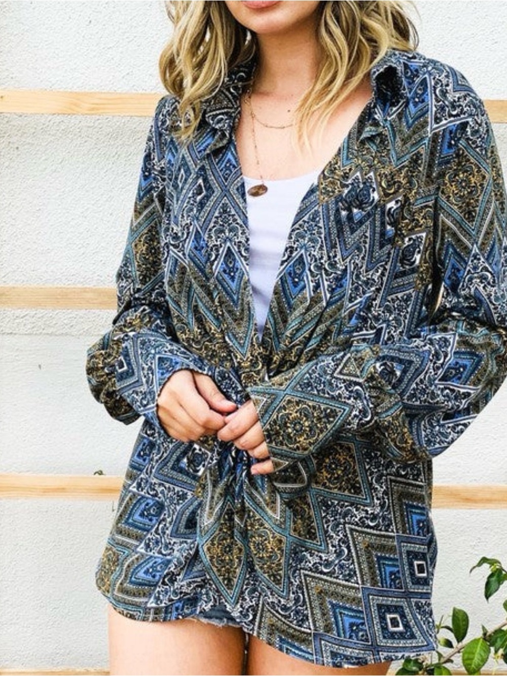 ANDTHEWHY AZTEC PRINT TWIST KNOT BALLOON SLEEVE BLOUSE